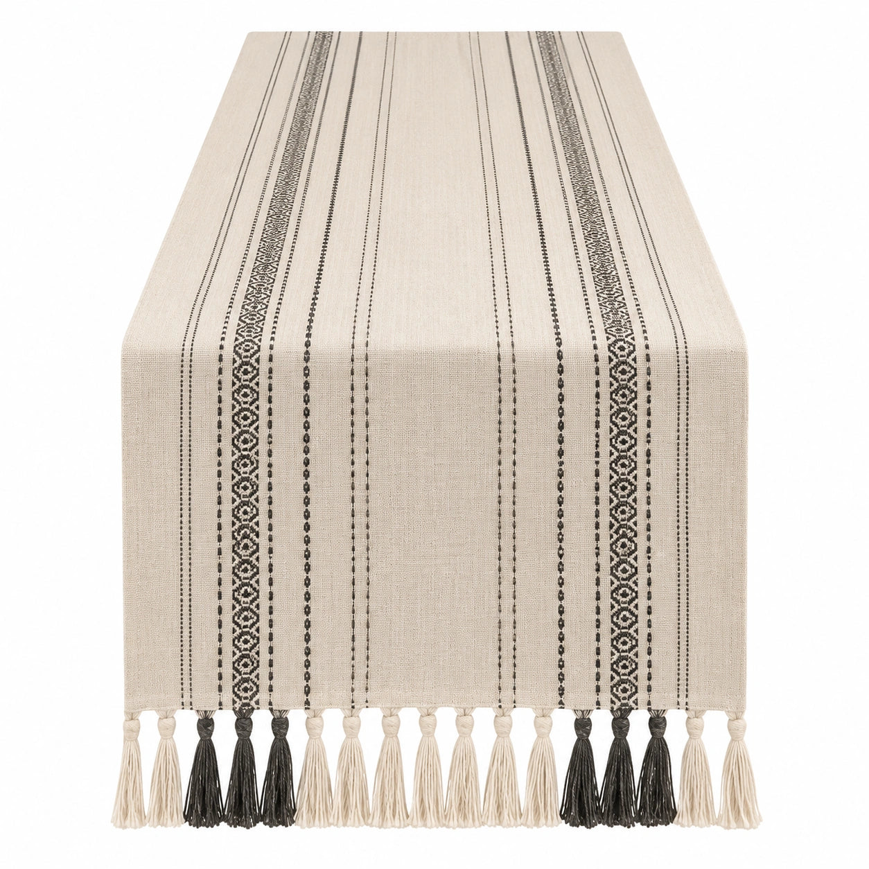 Runner da Tavola Beige e Nero a Righe con Nappe