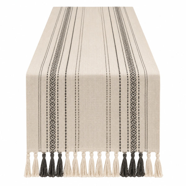 Runner da Tavola Beige e Nero a Righe con Nappe