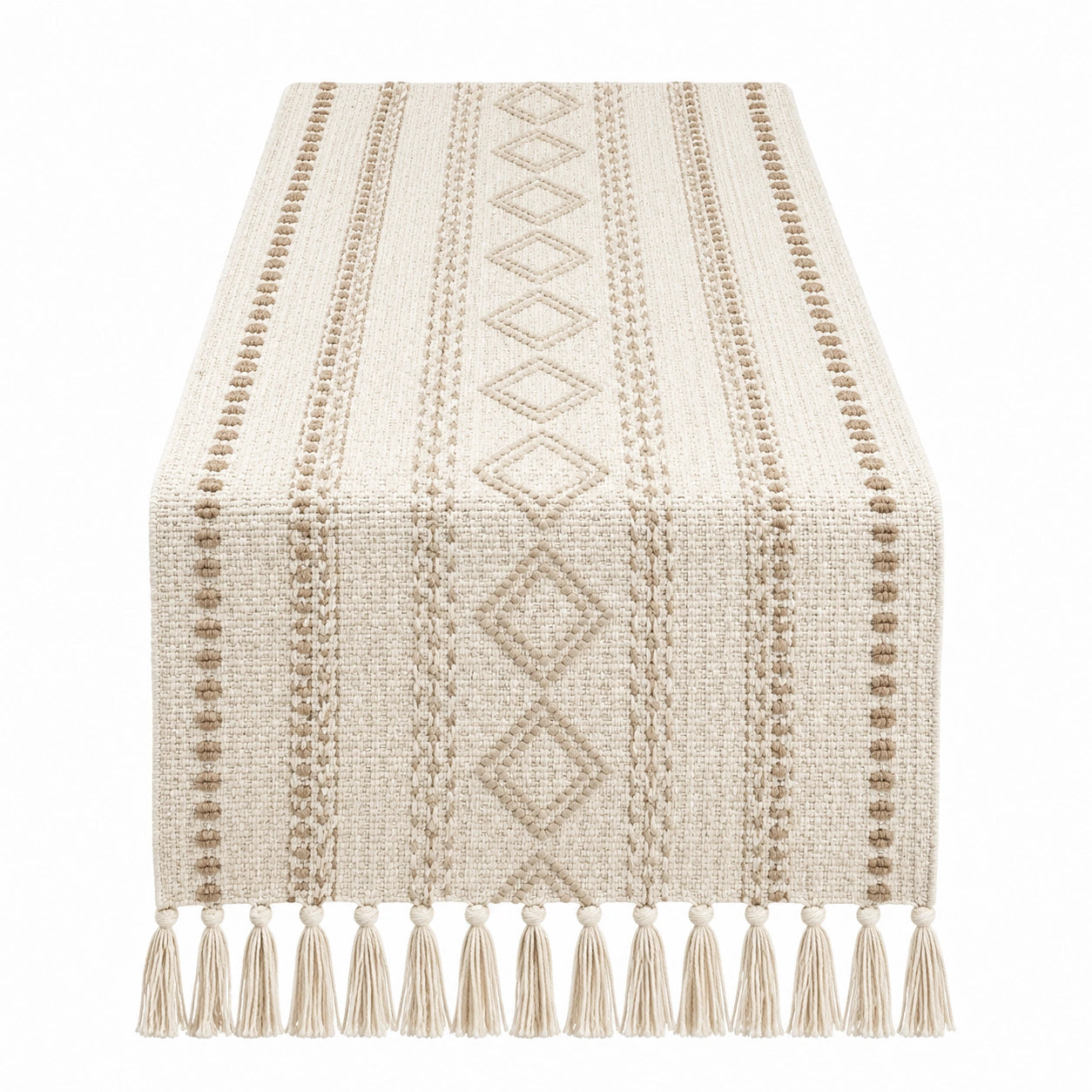Runner da tavolo con frange geometriche beige 200x35 cm