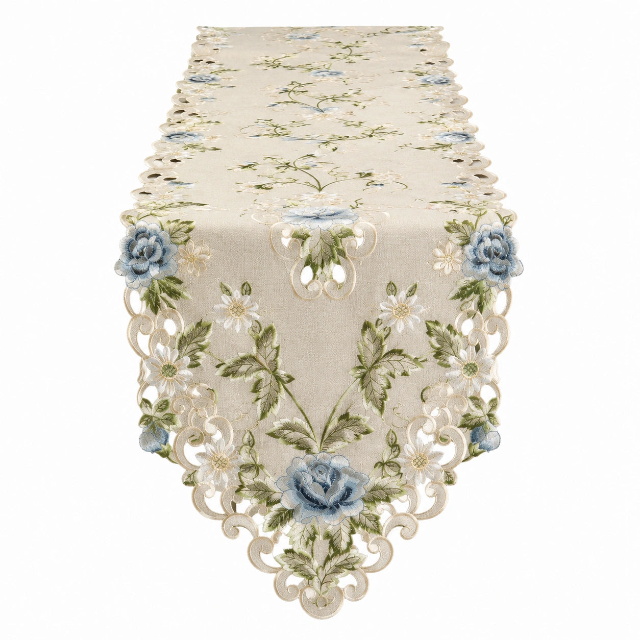 Runner da Tavolo Ricamato Floreale Beige e Blu 180x40 cm