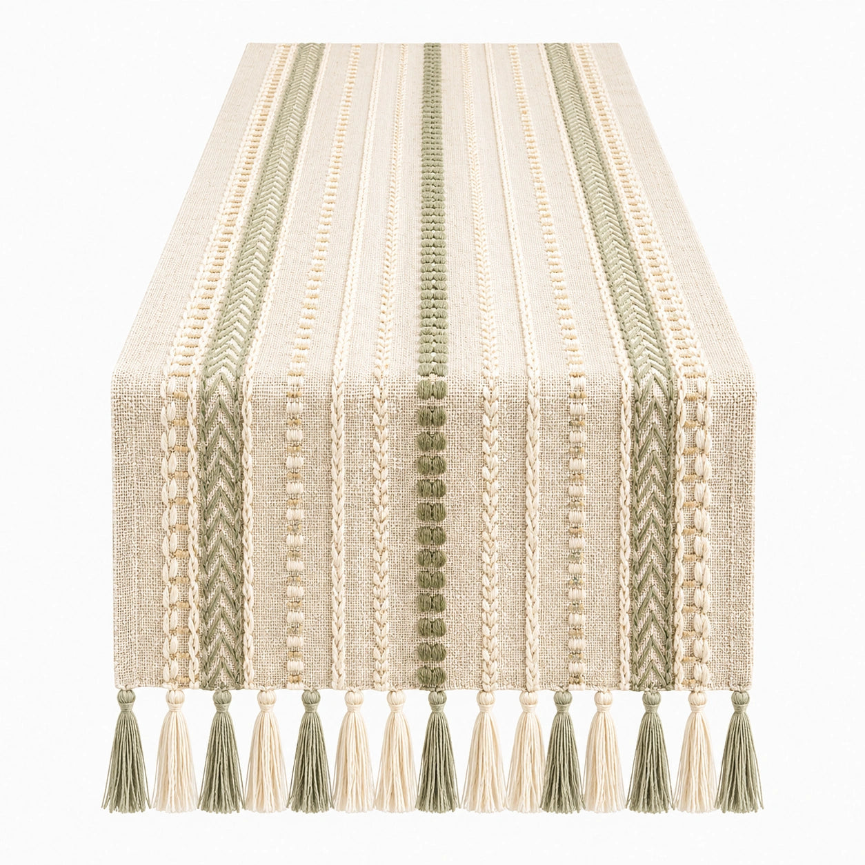 Runner da Tavolo Decorativo con Frange Verde e Beige