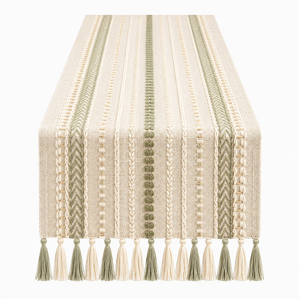 Runner da Tavolo Decorativo con Frange Verde e Beige