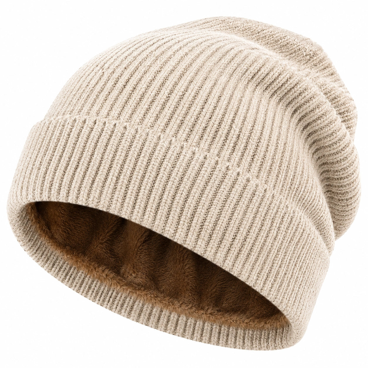 Berretto Invernale a Maglia Unisex Foderato in Pile Beige