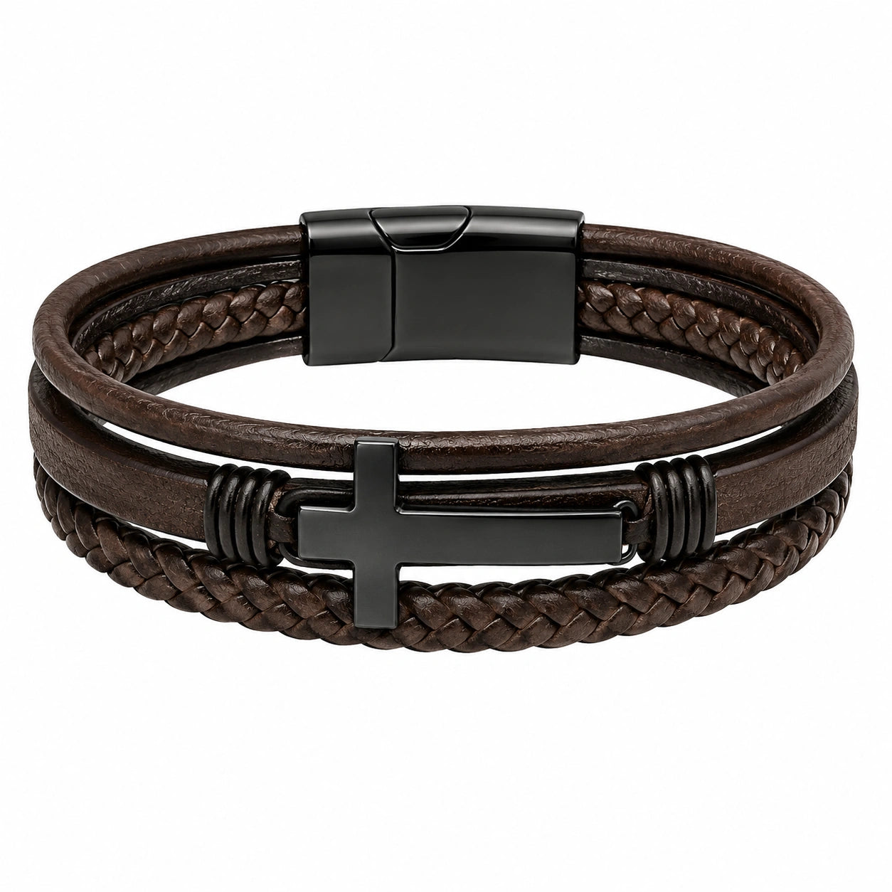 Bracciale in Pelle Marrone con Croce Nera