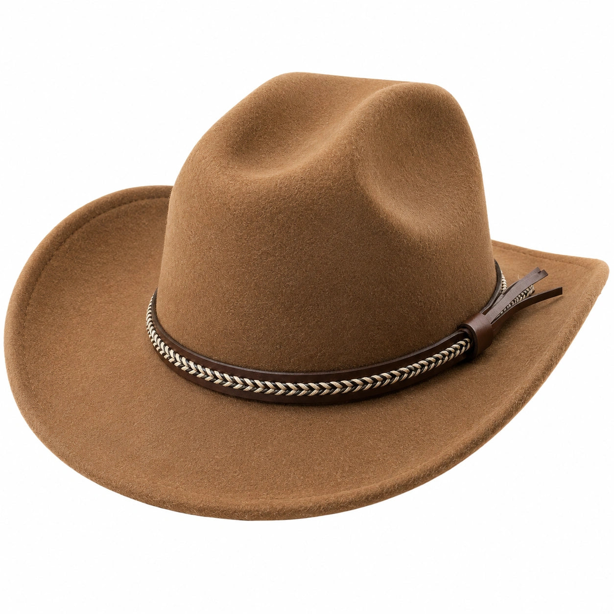 Cappello da Cowboy in Feltro Marrone con Cinturino Intrecciato