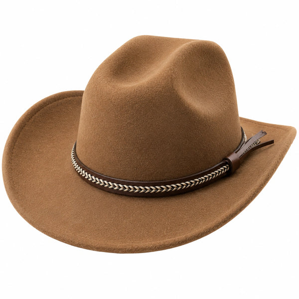 Cappello da Cowboy in Feltro Marrone con Cinturino Intrecciato