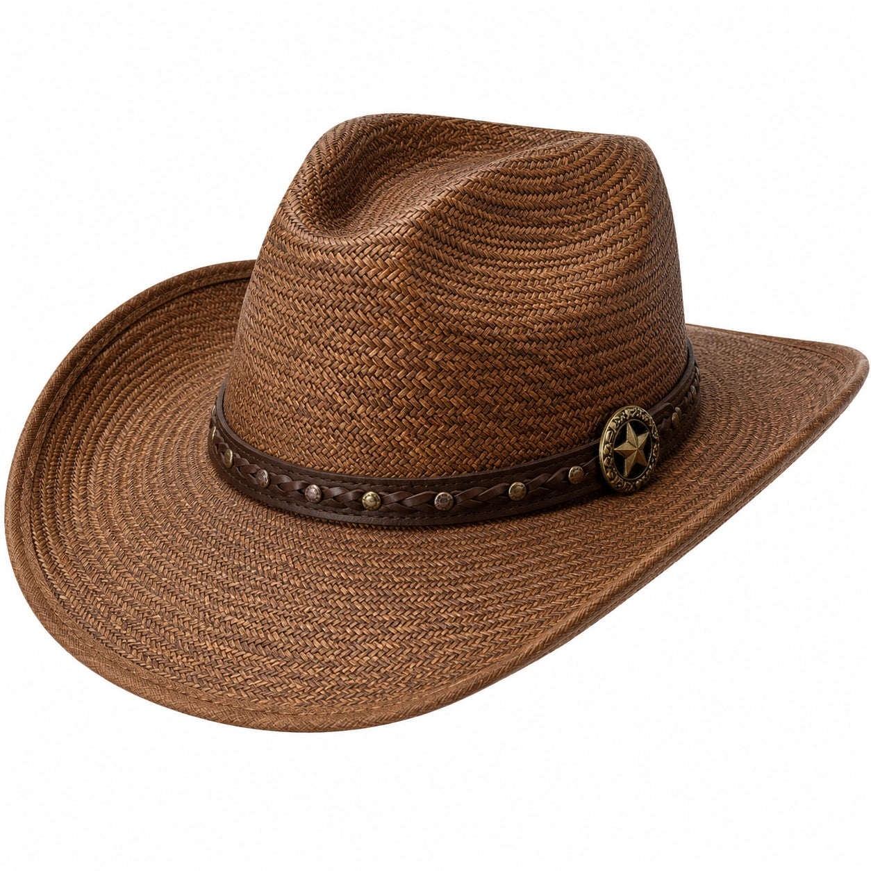 Cappello da Cowboy in Paglia Intrecciata Marrone con Decorazione Stella